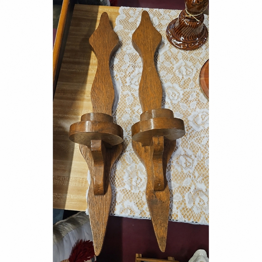 Pair of Vintage Wooden Wall Candle Sconces - Brown